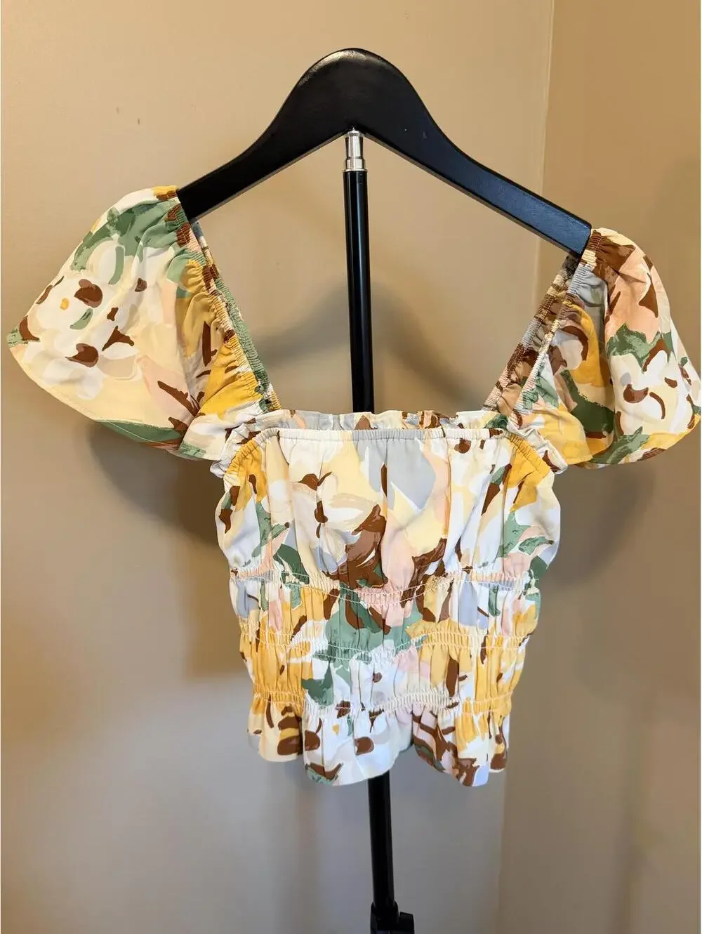 Abercrombie & Fitch Floral Puff Sleeve Smocked Crop Top XS Cottagecore
